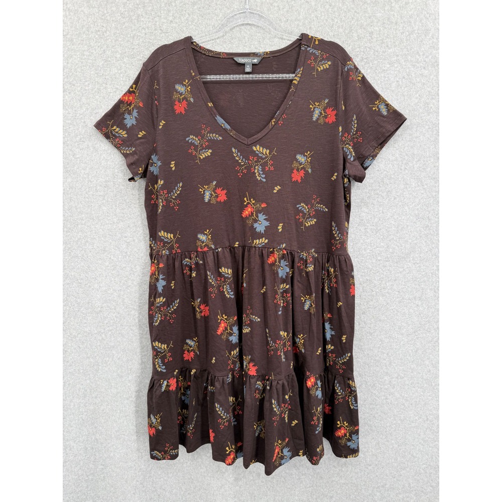 Toad&Co Marley Short Sleeve Carob Bouquet 💐 Print V-Neck Tiered Dress
